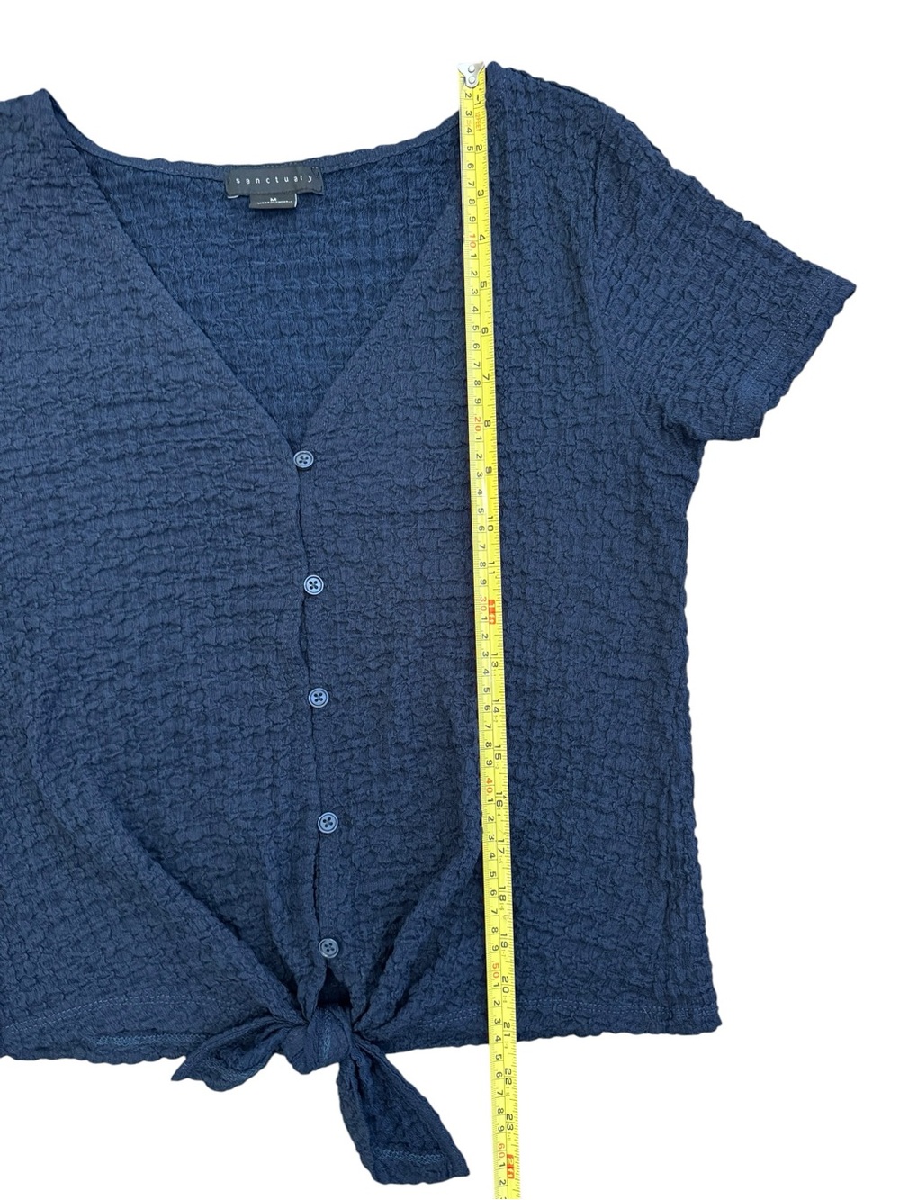 Sanctuary Navy Textured Tie Front Button Top Medium Coastal Minimalist - Picture 7 of 8